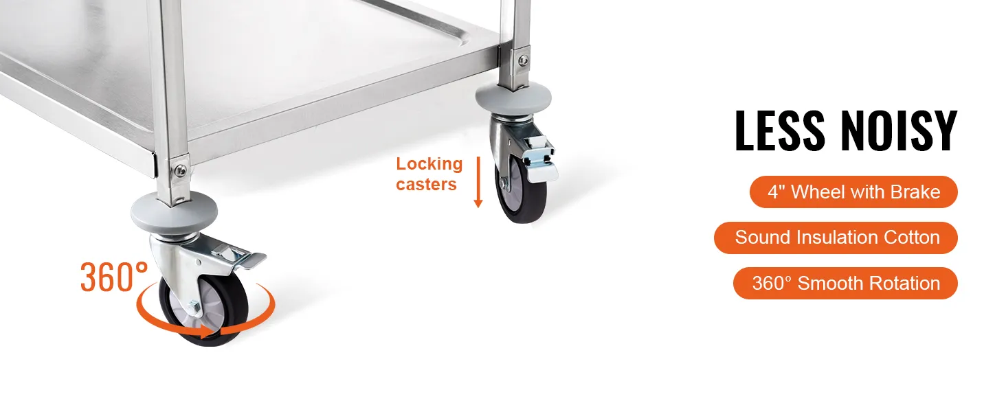 VEVOR kitchen utility cart with locking casters, 4" wheels, sound insulation, and 360° smooth rotation.