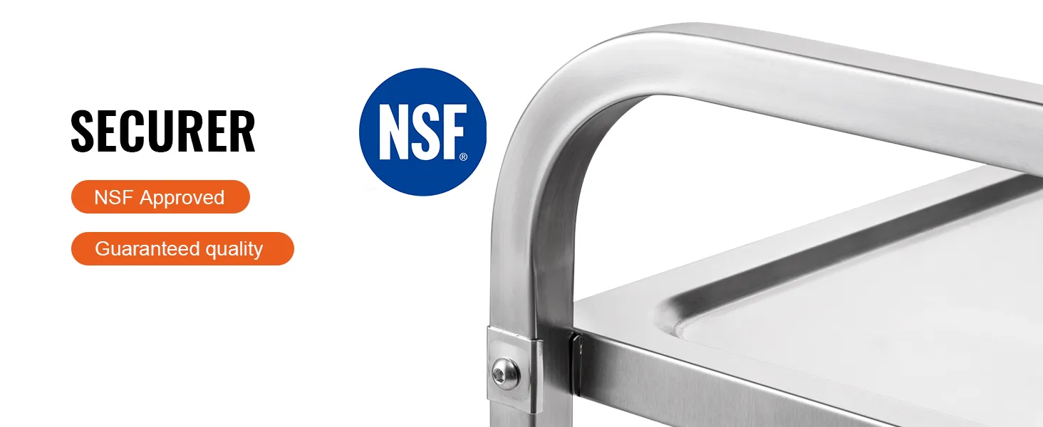 VEVOR kitchen utility cart made of stainless steel, nsf approved, guaranteed quality seal.