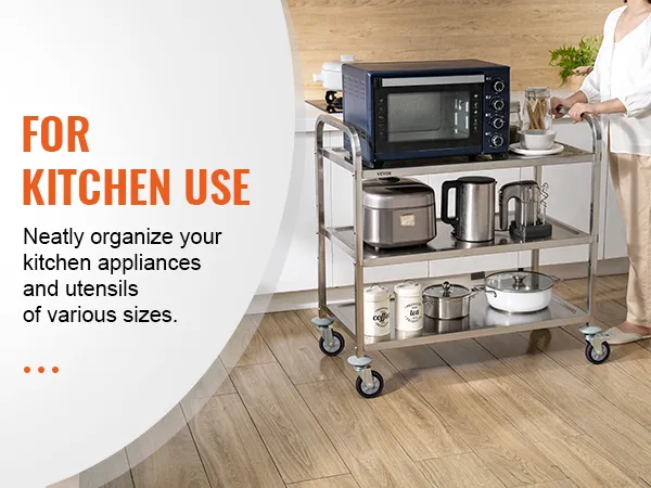 VEVOR kitchen utility cart neatly organizing appliances and utensils, including a microwave and toaster.