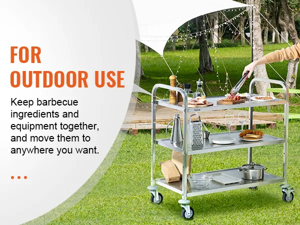 outdoor barbecue setup with a VEVOR kitchen utility cart, loaded with grilling tools and ingredients.