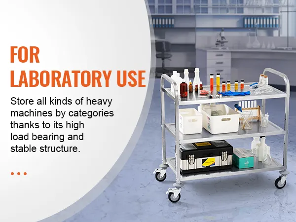VEVOR kitchen utility cart with lab equipment, showcasing high load-bearing capacity and stability.