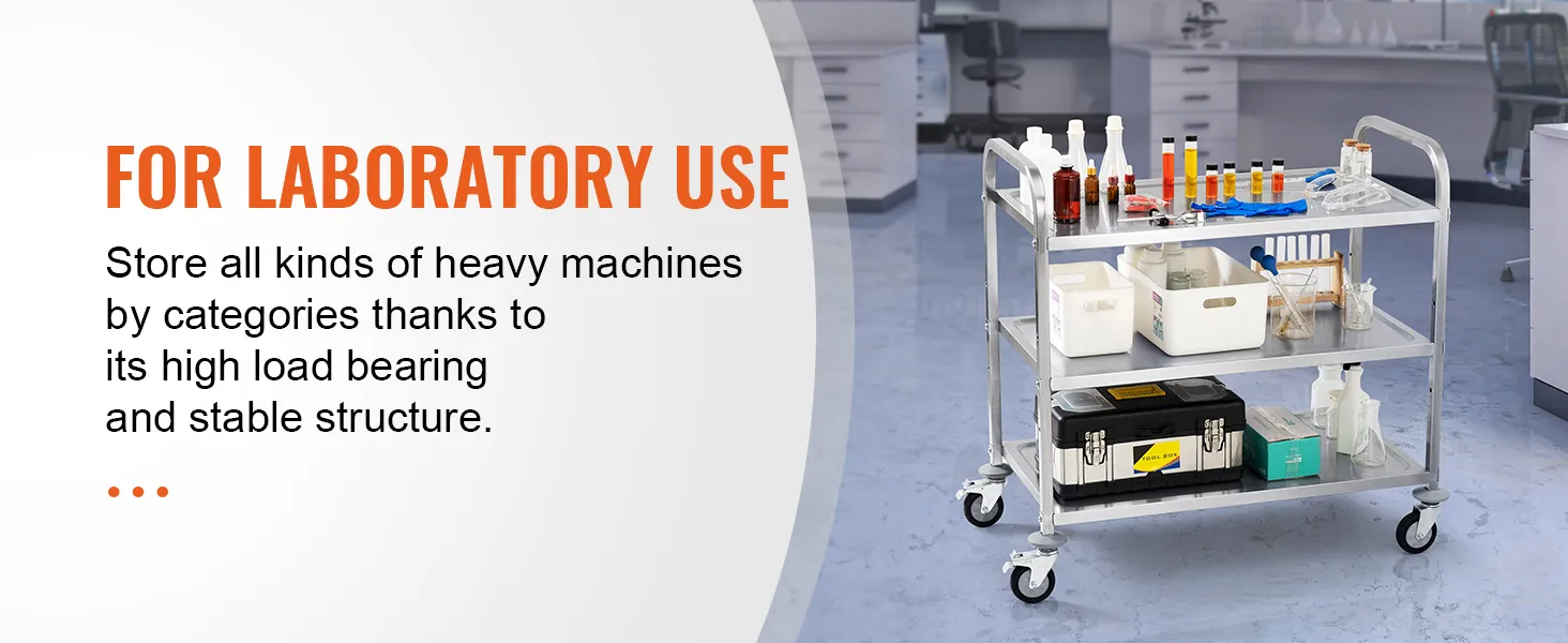 VEVOR kitchen utility cart with lab equipment, showcasing high load-bearing capacity and stability.