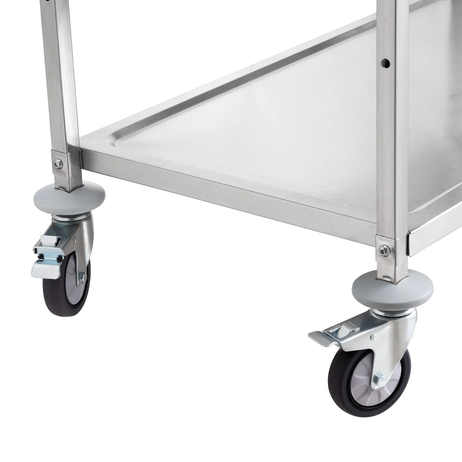 stainless steel shelf and caster wheels of the VEVOR kitchen utility cart, showcasing durability and mobility.