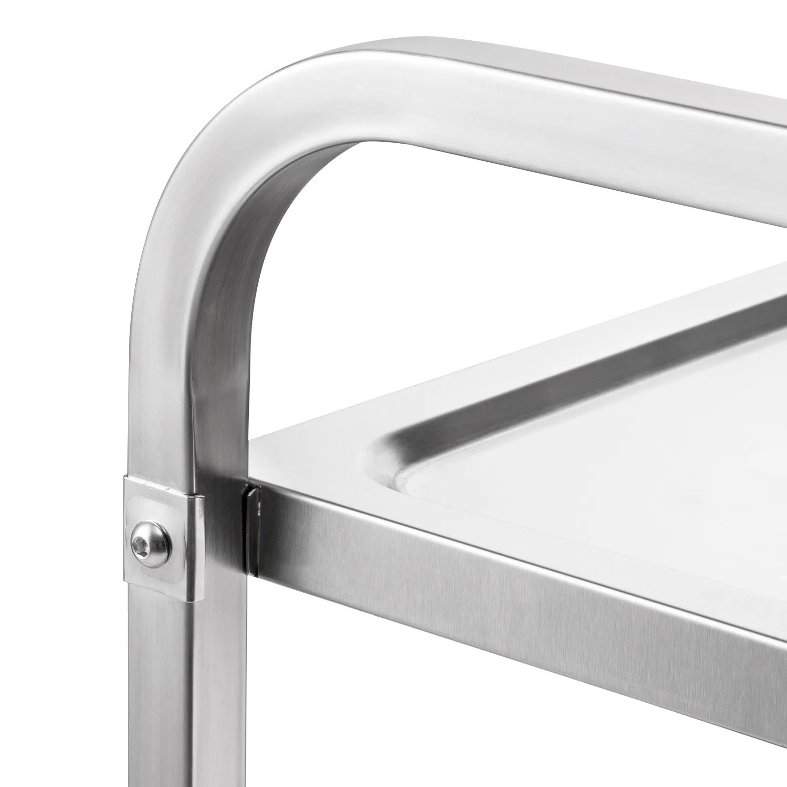 stainless steel VEVOR kitchen utility cart with a sturdy, curved handle and seamless design.