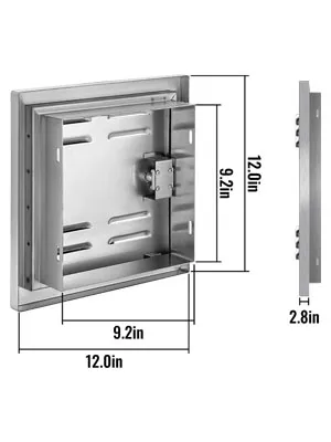 VEVOR geventileerde toegangsdeur met afmetingen: 12x12x2,8 inch, scharnierdetails zichtbaar.