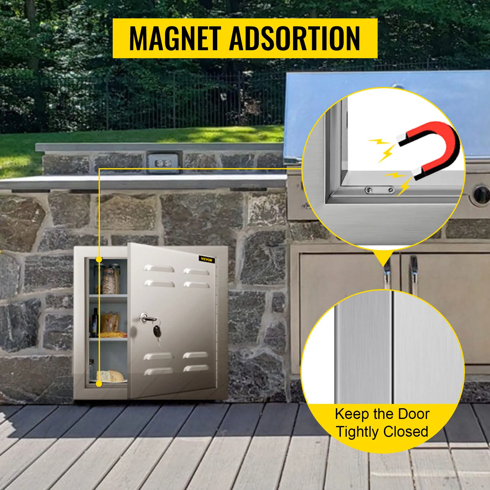 VEVOR geventileerde toegangsdeur met magneetadsorptie in een stenen buitenmuur.
