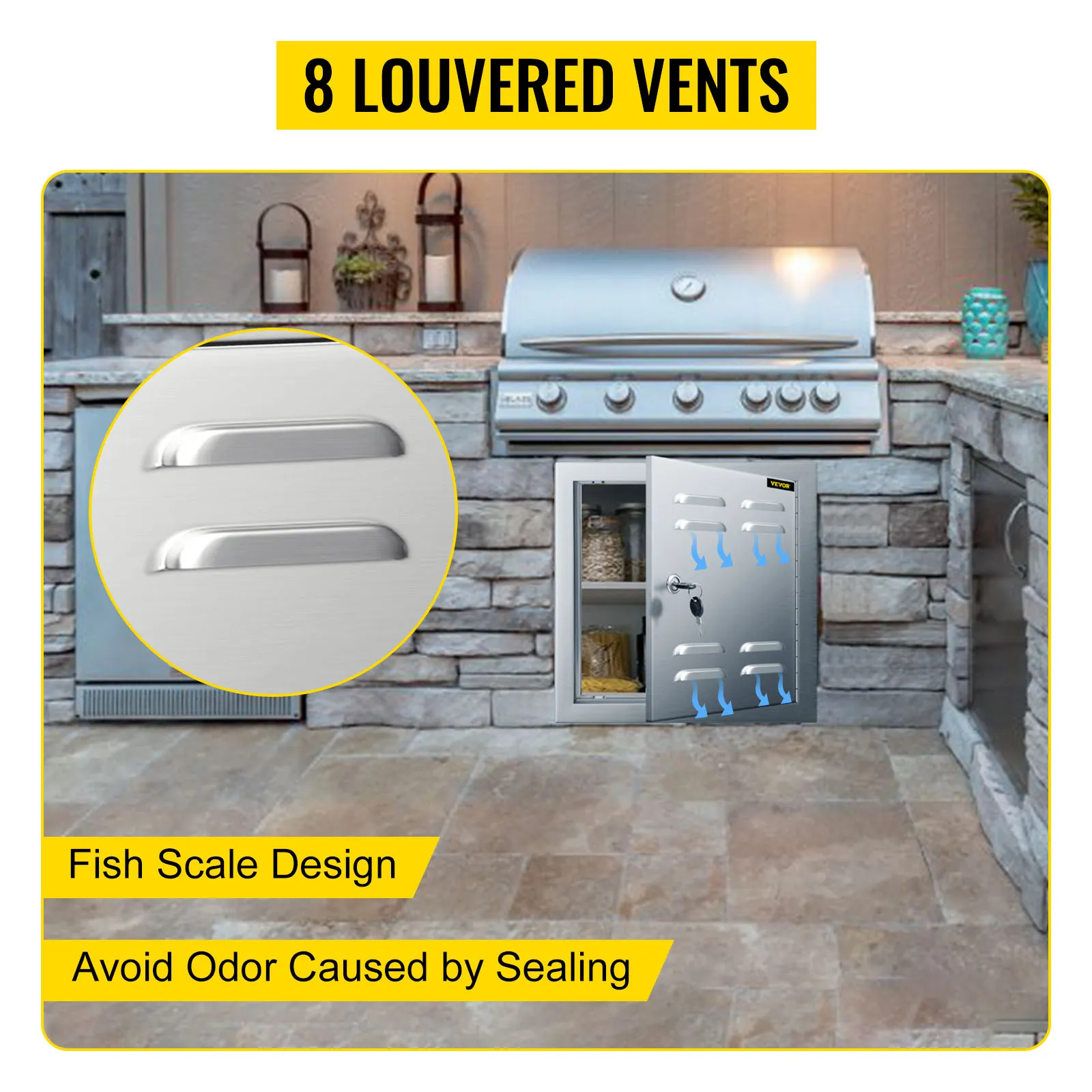 VEVOR geventileerde toegangsdeur met 8 lamellenventilatieopeningen in een buitenkeuken.