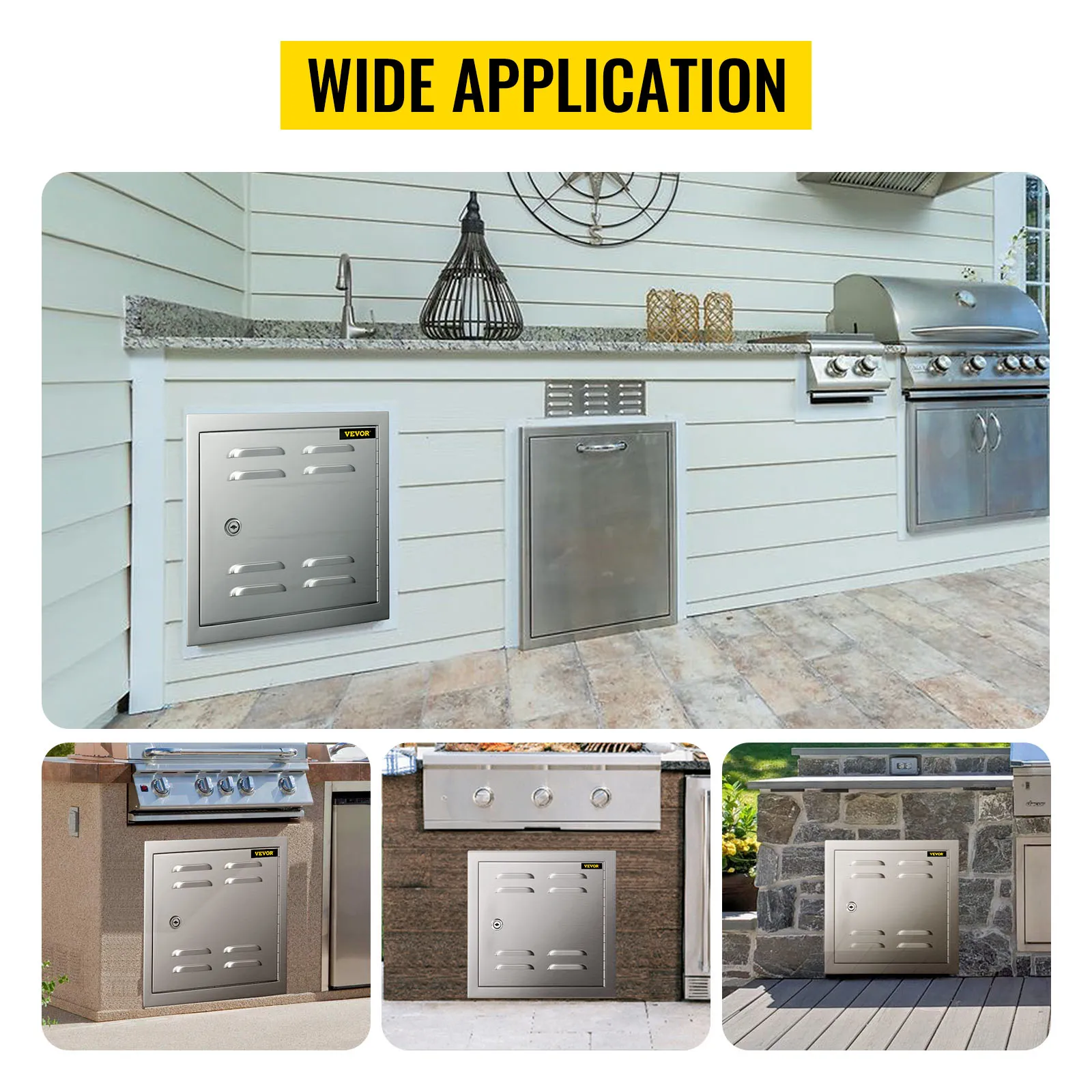 VEVOR geventileerde toegangsdeur getoond in verschillende buitenkeukenopstellingen. Brede toepassing.