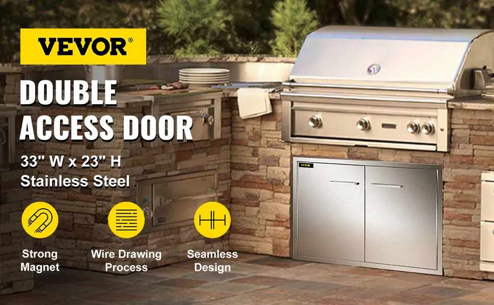 Puerta de acceso para barbacoa VEVOR, acero inoxidable, puerta doble, configuración de cocina al aire libre.