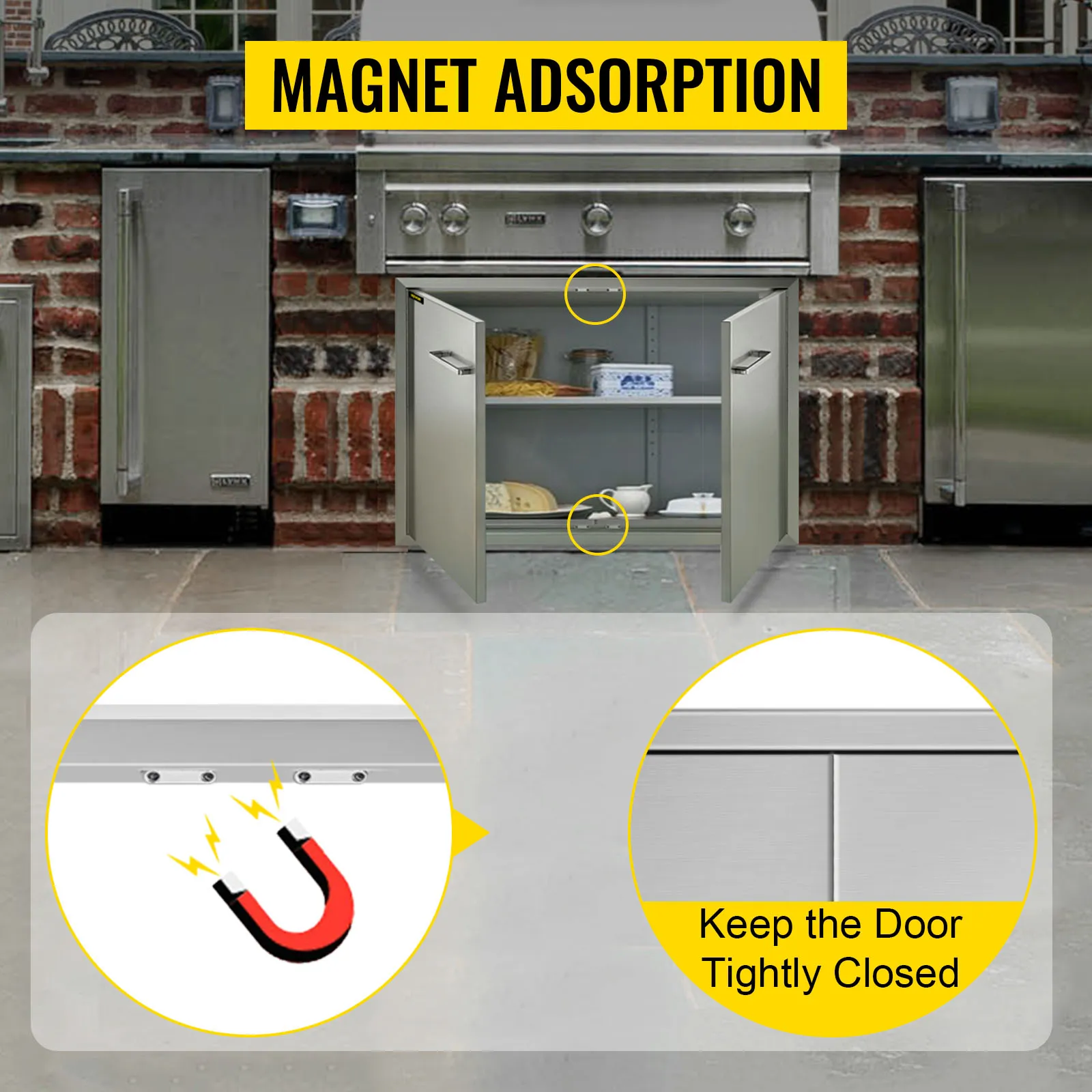 Puerta de acceso para barbacoa VEVOR con adsorción magnética en una configuración de cocina al aire libre.