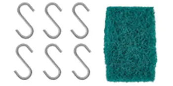 green scouring pad with six metal s hooks beside it.