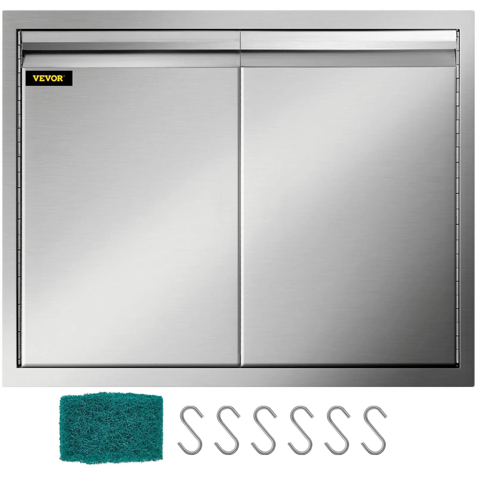 VEVOR outdoor kitchen door with stainless steel finish, cleaning pad, and s hooks.