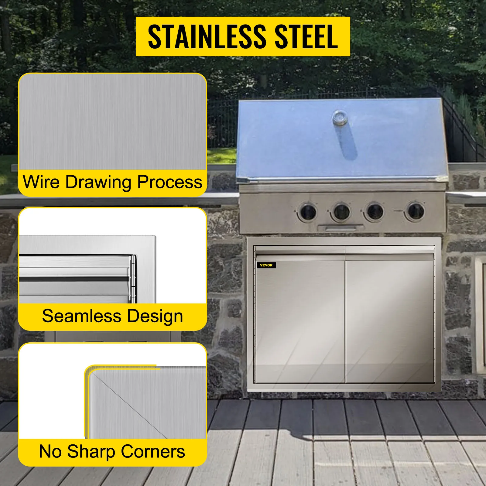 VEVOR outdoor kitchen door with seamless design and no sharp corners in stainless steel.