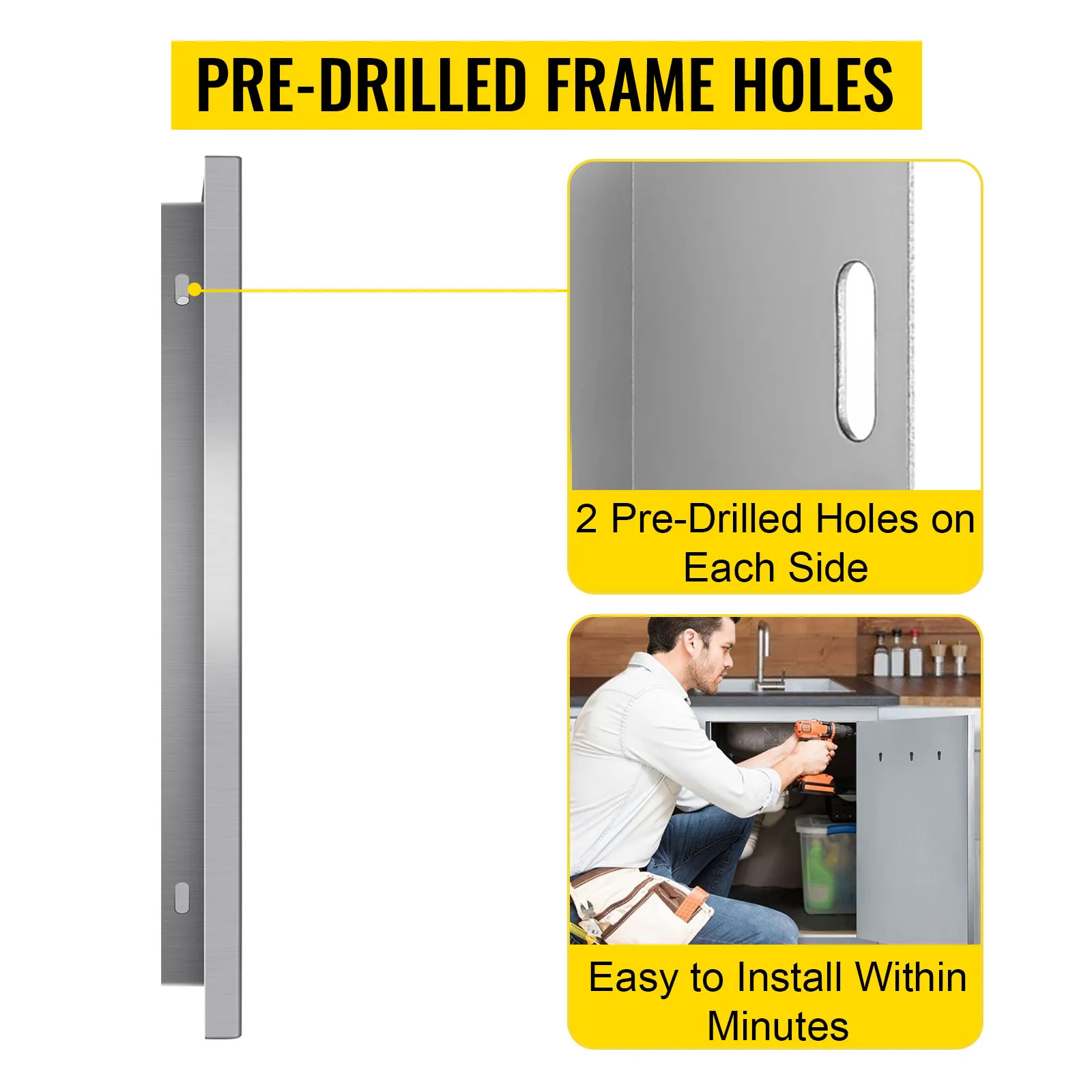 VEVOR outdoor kitchen door with pre-drilled frame holes for easy installation.