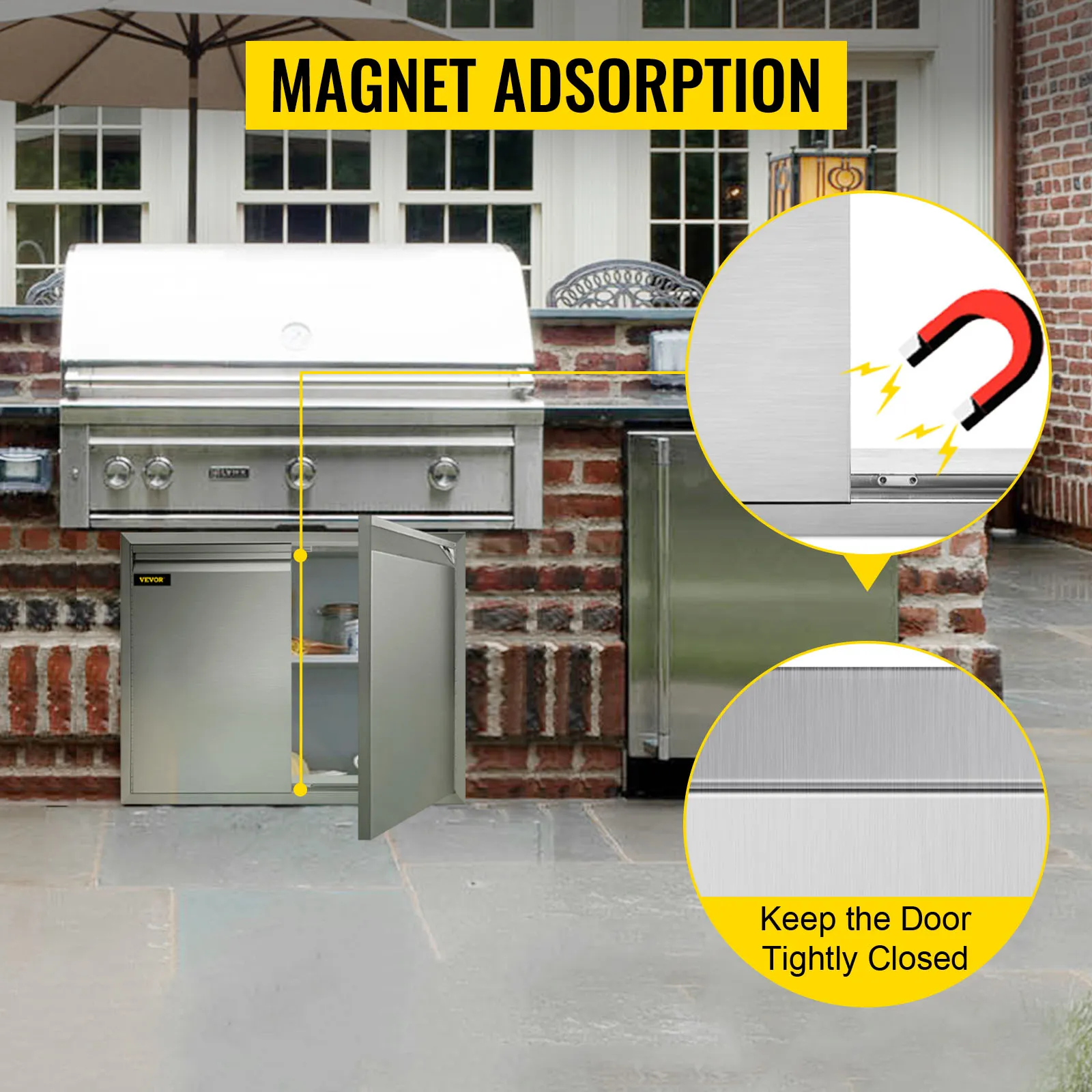 VEVOR outdoor kitchen door on brick patio with a magnet adsorption system.