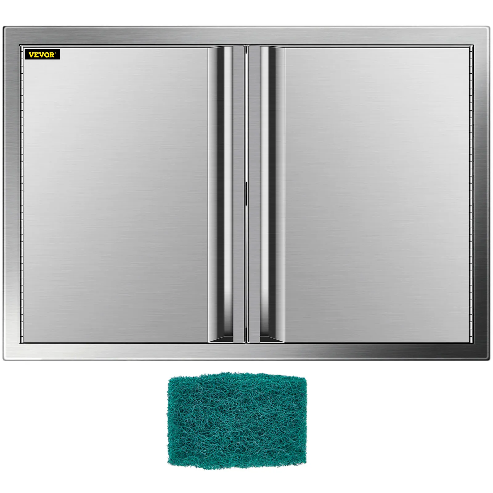 VEVOR-Grill-Zugangstür mit doppelten Edelstahltüren und einem grünen Scheuerschwamm.