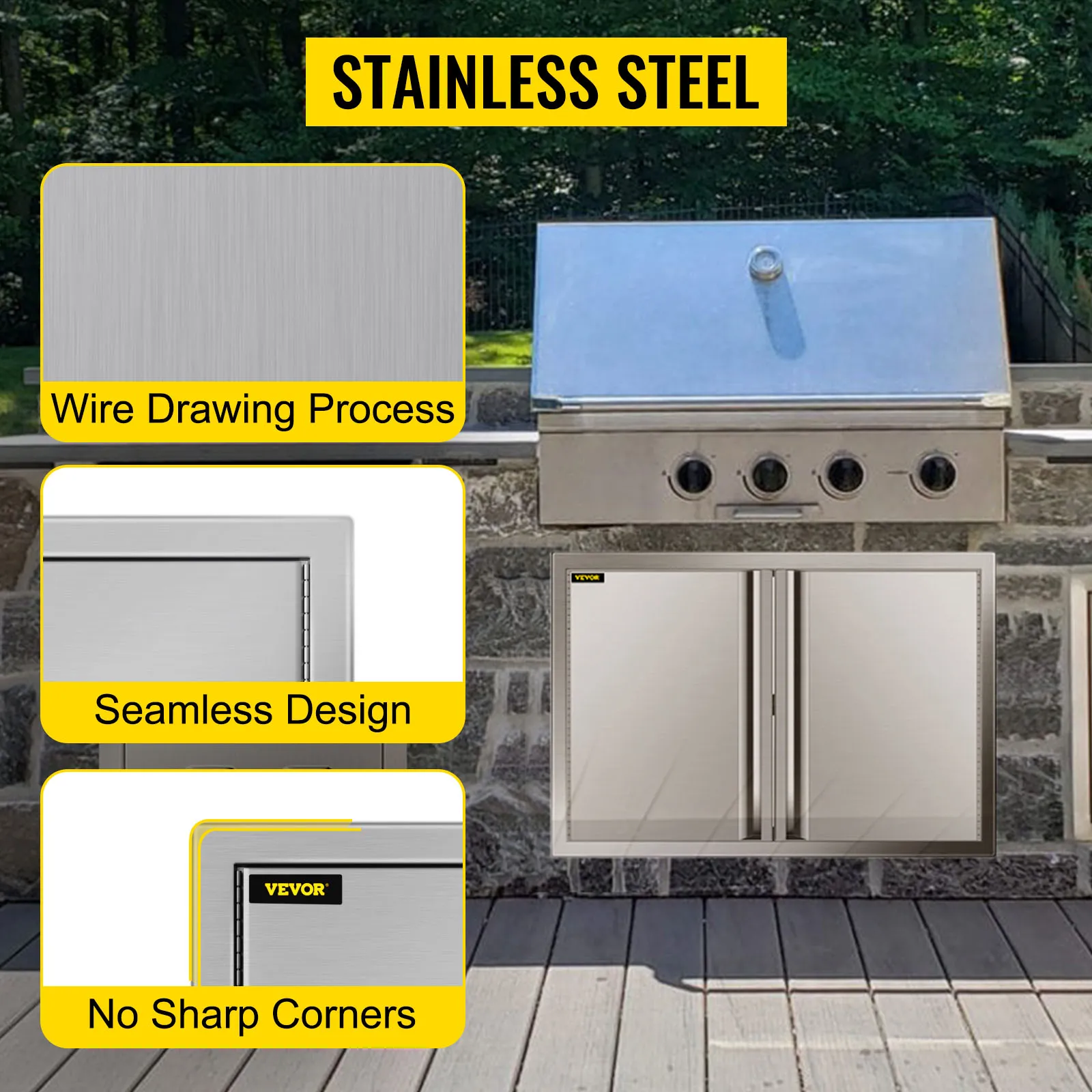 VEVOR-Grill-Zugangstür in der Außenküche mit nahtlosem Edelstahldesign.