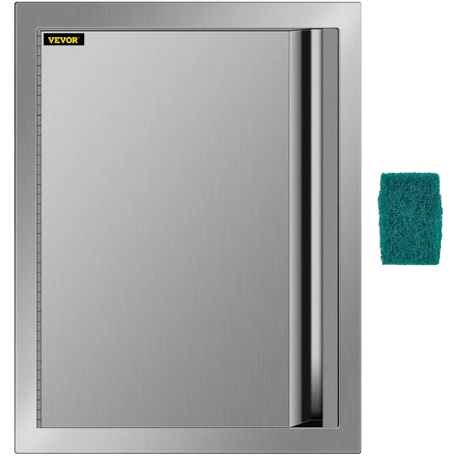 VEVOR bbq access door with stainless steel finish and green cleaning sponge.