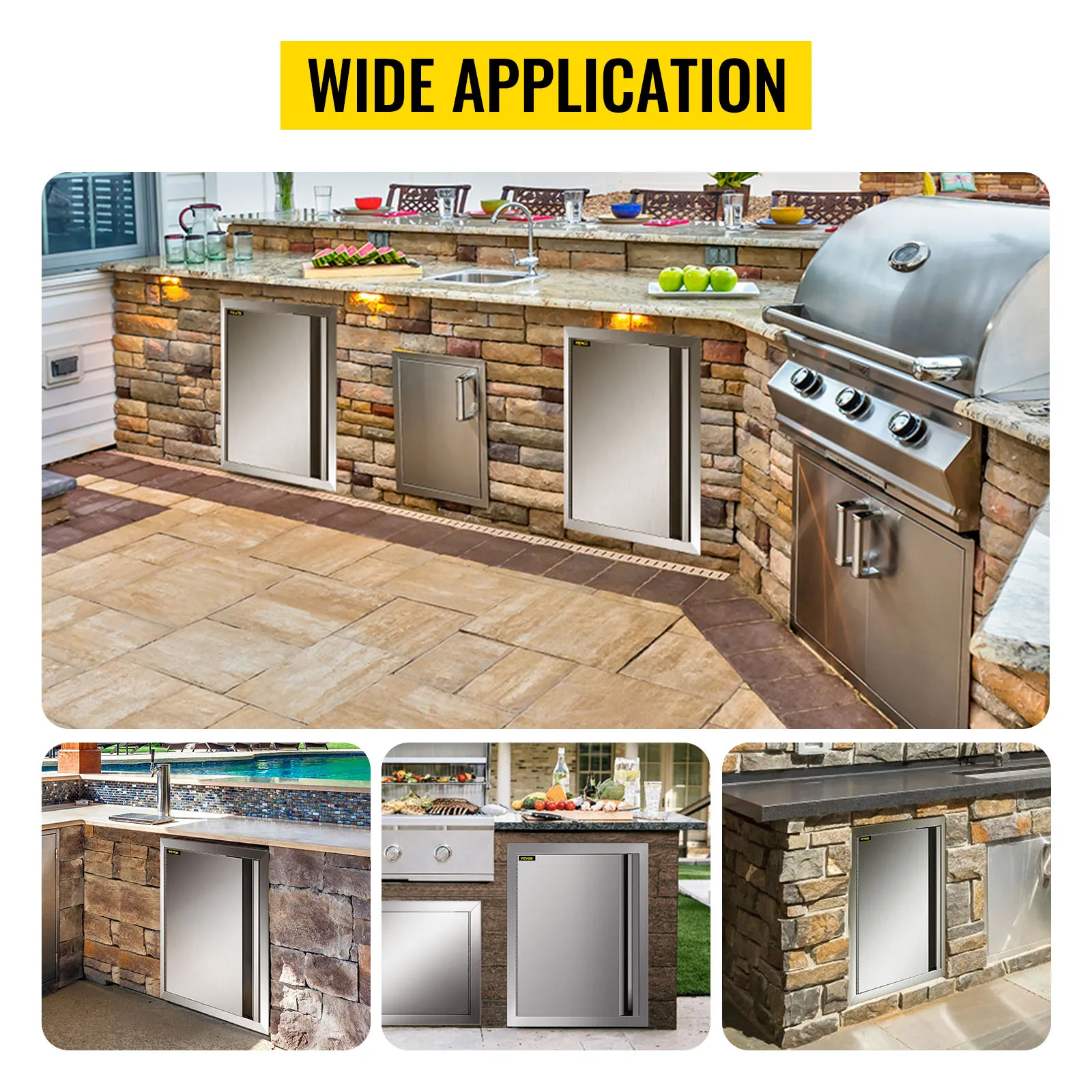 VEVOR bbq access door in various outdoor kitchen settings behind stone countertops.