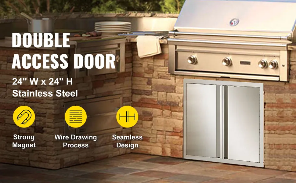 Cocina al aire libre con puerta de acceso para barbacoa VEVOR de acero inoxidable, imán fuerte, diseño sin costuras.