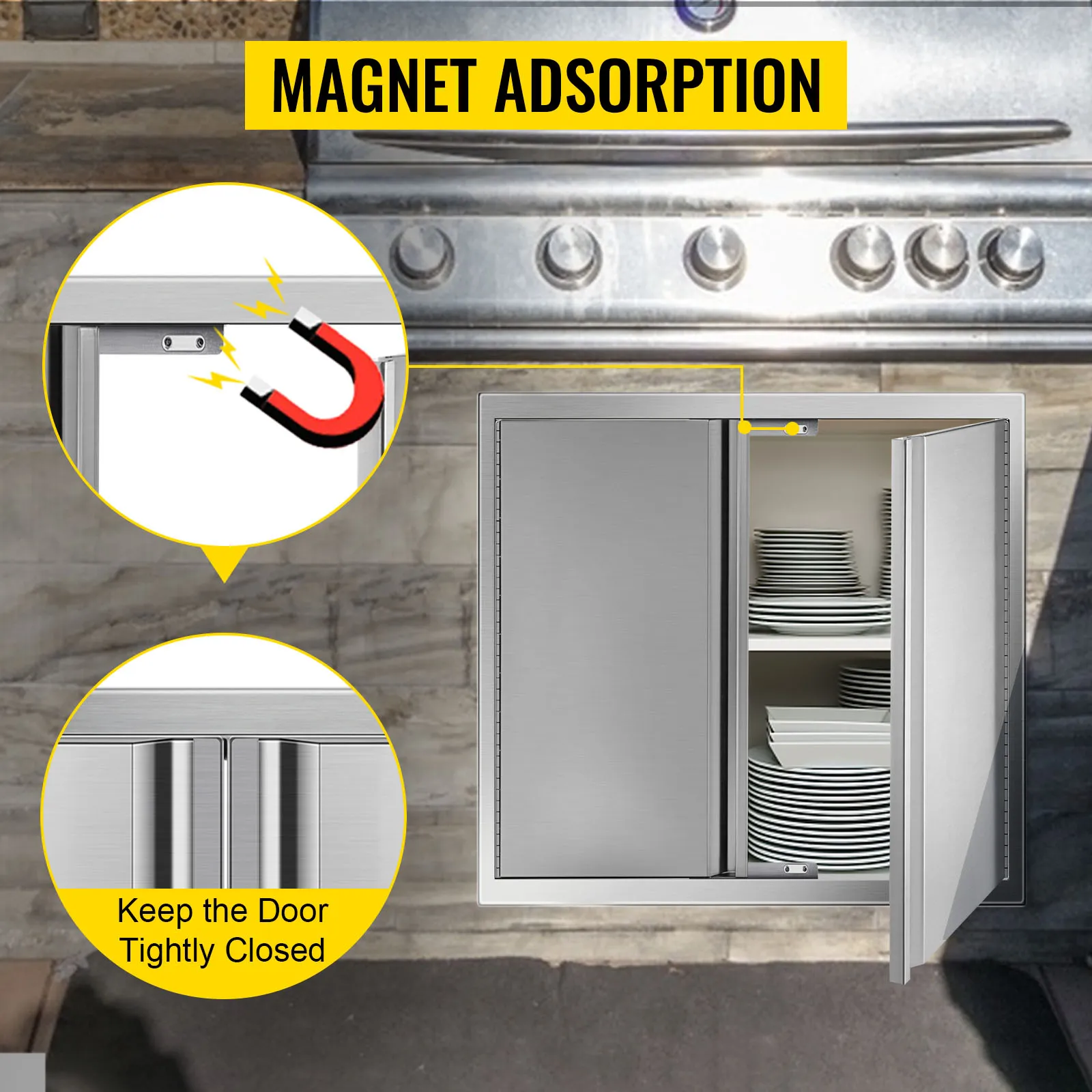 Puerta de acceso para barbacoa VEVOR con adsorción magnética, herméticamente cerrada, mostrada en acero inoxidable.