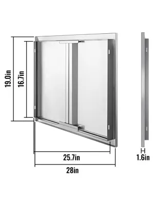 Puerta de acceso para barbacoa VEVOR, acero inoxidable, dimensiones 19x28 pulgadas, vista lateral incluida.