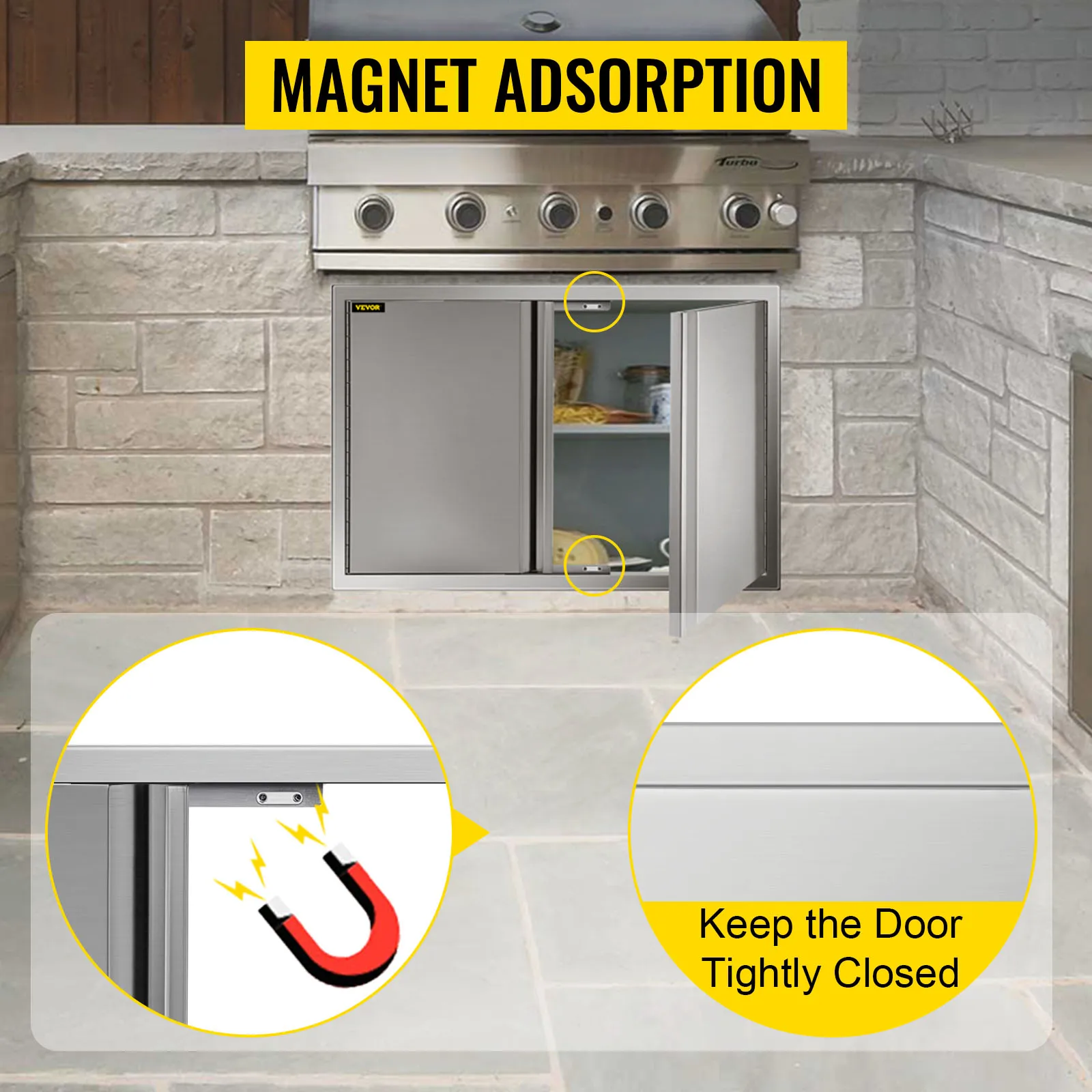 Puerta de acceso a barbacoa VEVOR con adsorción magnética en una cocina exterior.