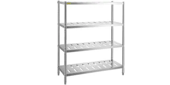 Estante de almacenamiento VEVOR de acero inoxidable con cuatro niveles perforados sobre un fondo blanco.