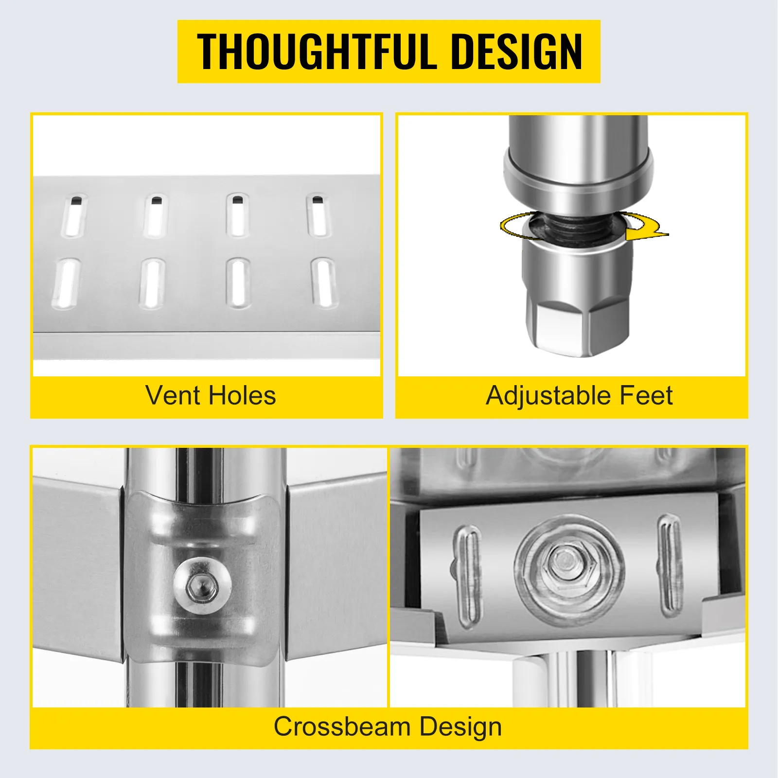 El estante de almacenamiento VEVOR cuenta con orificios de ventilación, patas ajustables y diseño de viga transversal.