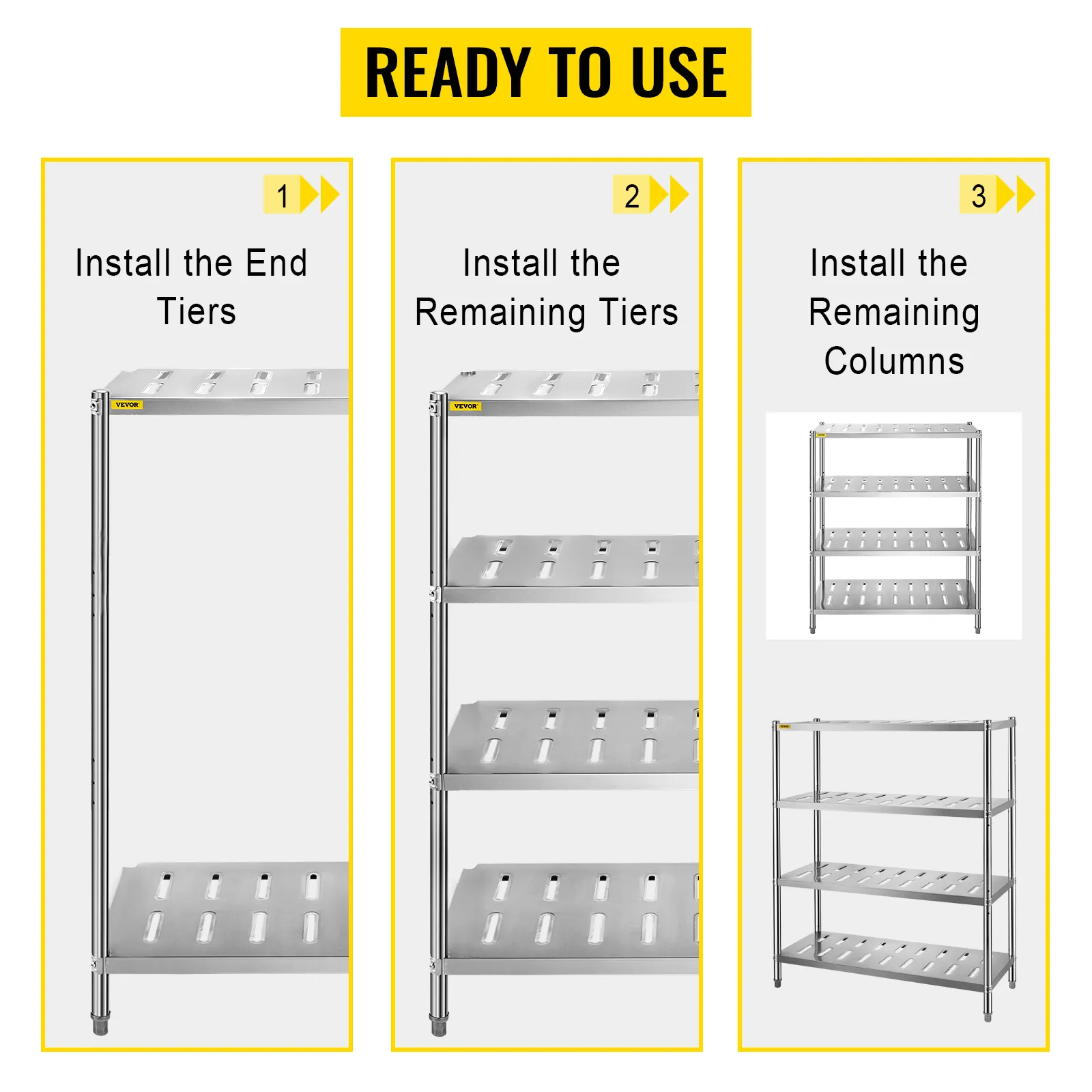 Pasos de montaje del estante de almacenamiento VEVOR: instalar los niveles finales, agregar los niveles restantes, insertar columnas.