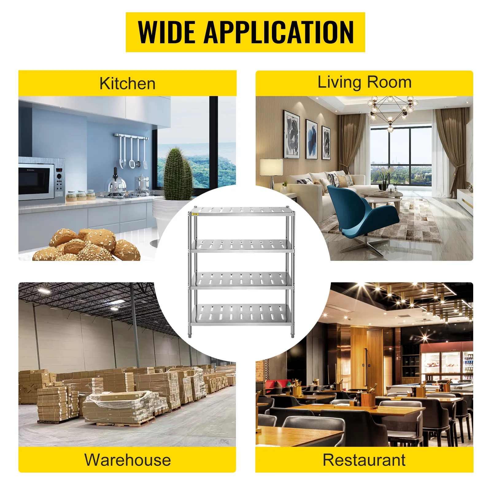 Estante de almacenamiento VEVOR con amplia aplicación en cocina, sala de estar, almacén y restaurante.