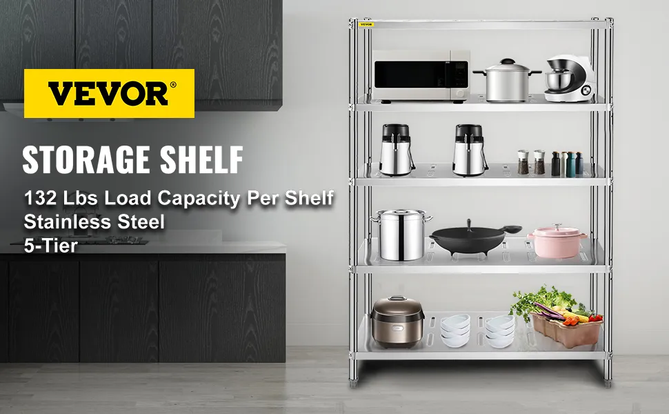 VEVOR storage shelf in a modern kitchen with appliances and cookware on stainless steel shelves.