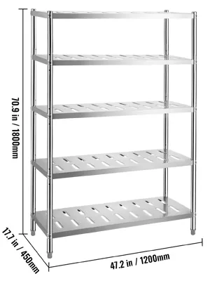 metal VEVOR storage shelf with five tiers and measurements displayed.