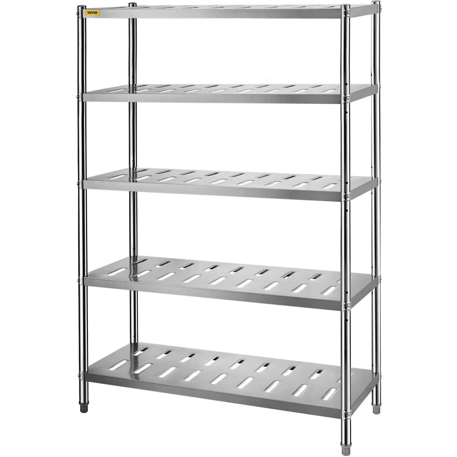 stainless steel VEVOR storage shelf with five perforated tiers for organizing items.