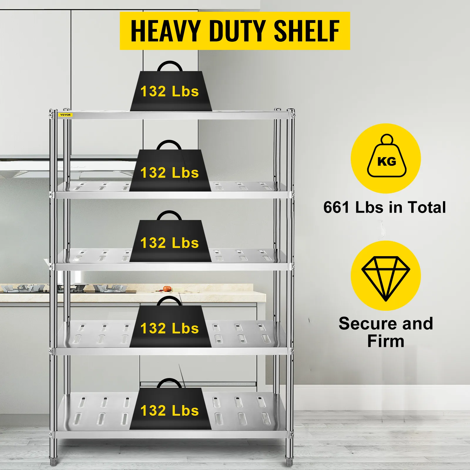 heavy duty VEVOR storage shelf holding 661 lbs in a kitchen setting.