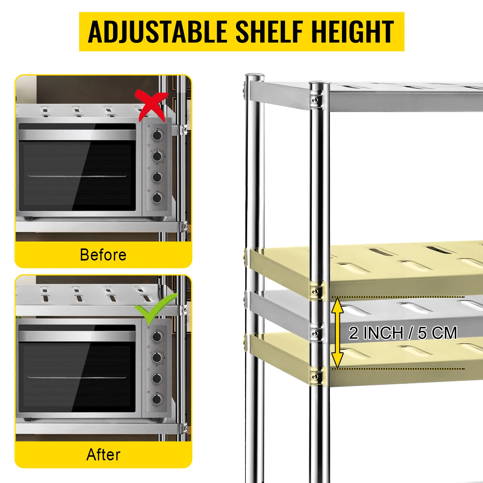 adjustable shelf height on VEVOR storage shelf with before and after setup.