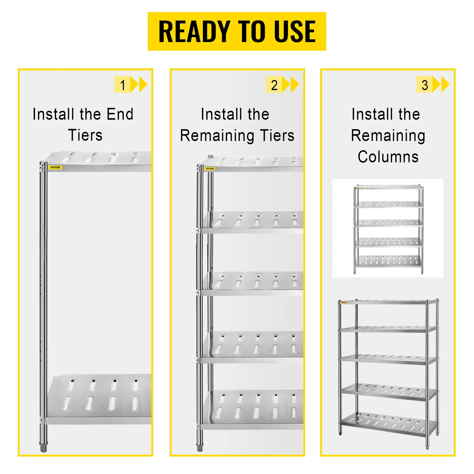 VEVOR storage shelf assembly instructions with three steps and illustrations.