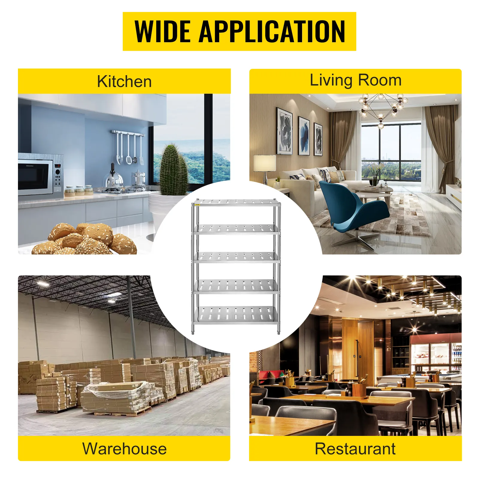 VEVOR storage shelf for kitchen, living room, warehouse, and restaurant use.