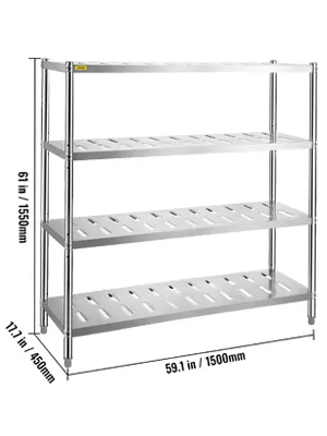 Estante de almacenamiento de acero inoxidable VEVOR de 4 niveles con dimensiones etiquetadas 61x59,1x17,7 pulgadas.