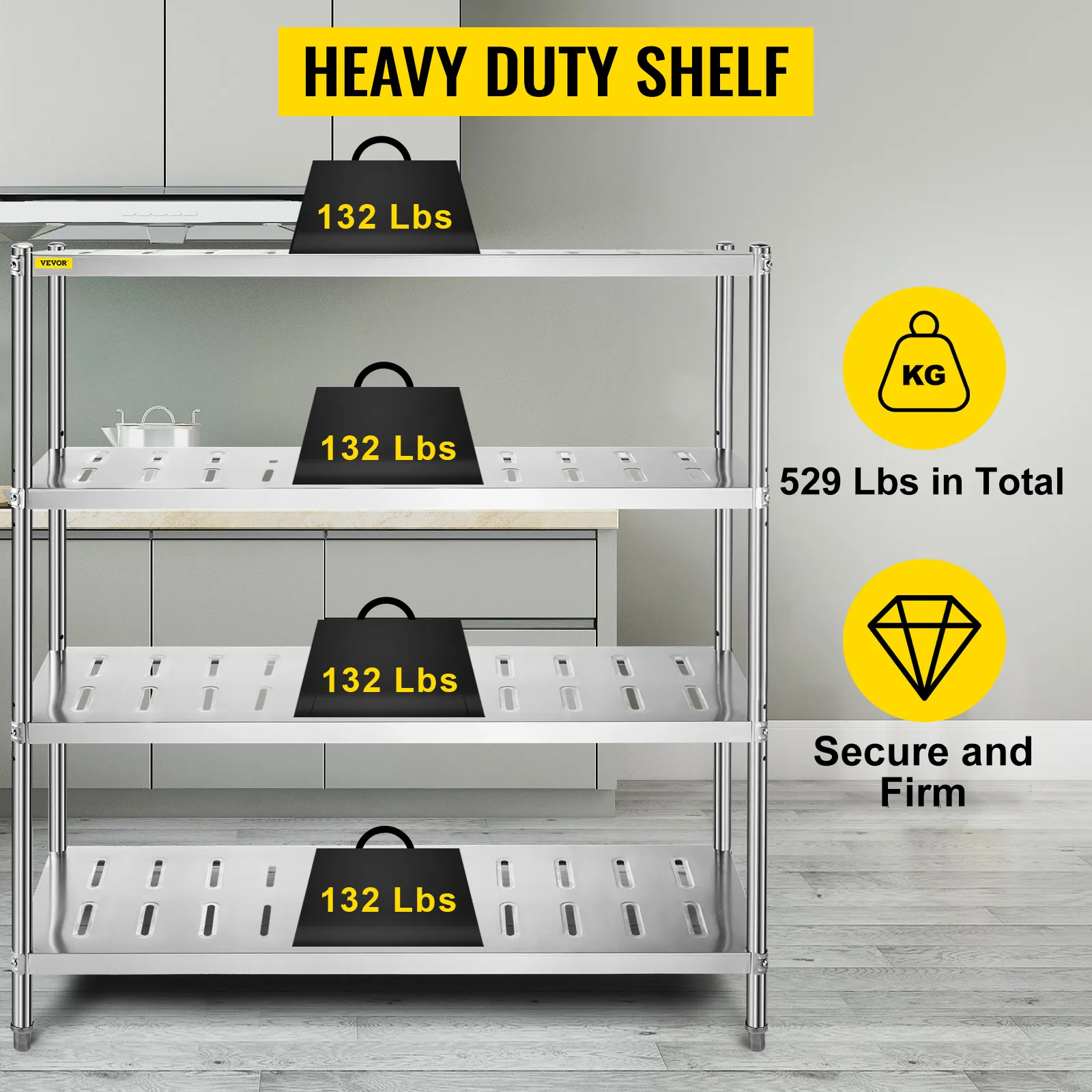 El estante de almacenamiento de acero inoxidable VEVOR tiene capacidad para 529 libras en total, es seguro y firme.