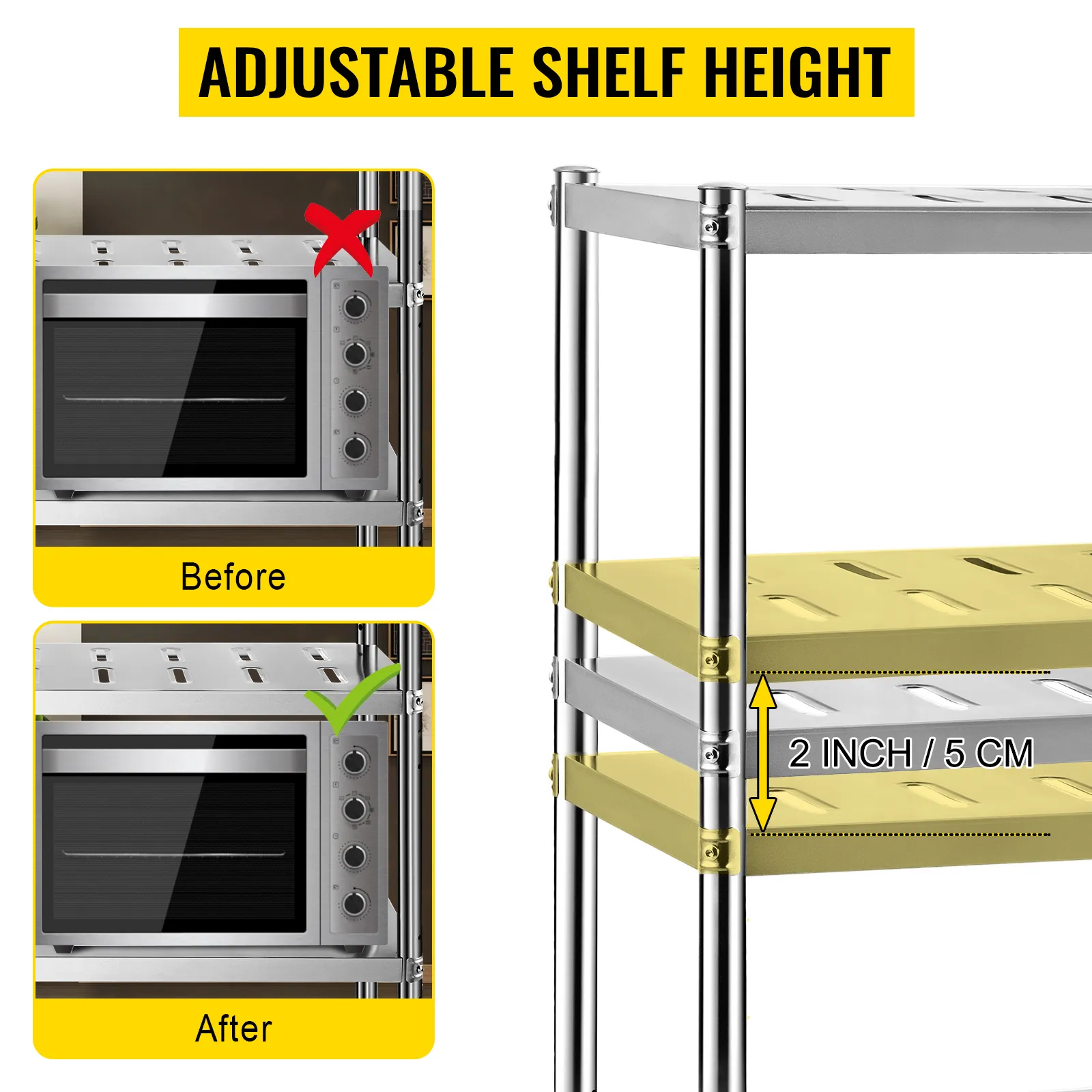 Estante de almacenamiento de acero inoxidable VEVOR con altura de estante ajustable para una mejor organización.