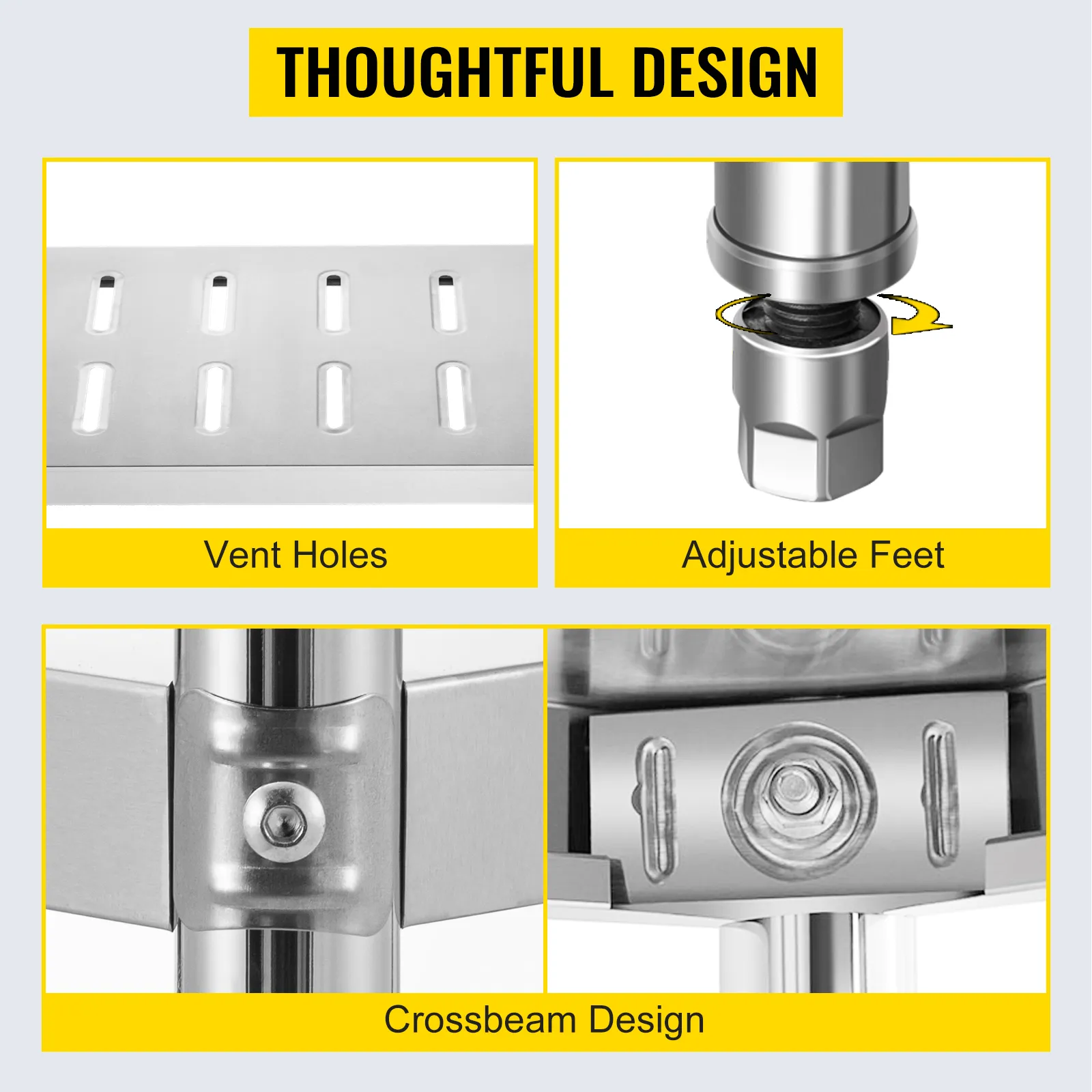 Estante de almacenamiento de acero inoxidable VEVOR con orificios de ventilación, patas ajustables y diseño de viga transversal.