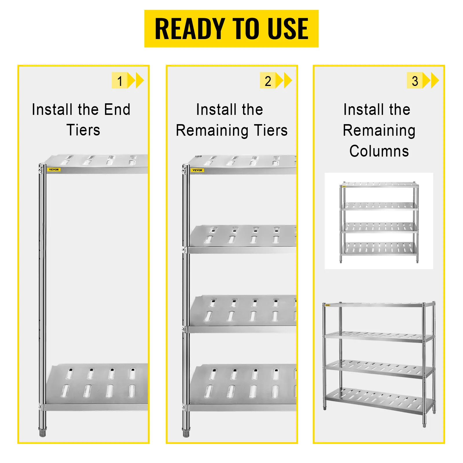 Instrucciones de montaje del estante de almacenamiento de acero inoxidable VEVOR en tres pasos.