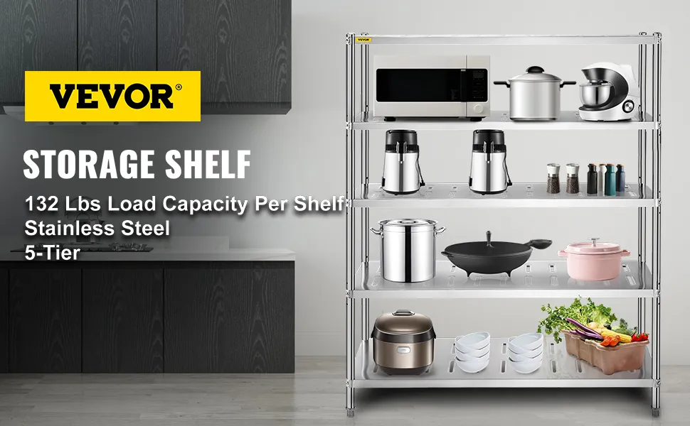 VEVOR-Lagerregal aus Edelstahl mit Küchengeräten auf 5 Ebenen.