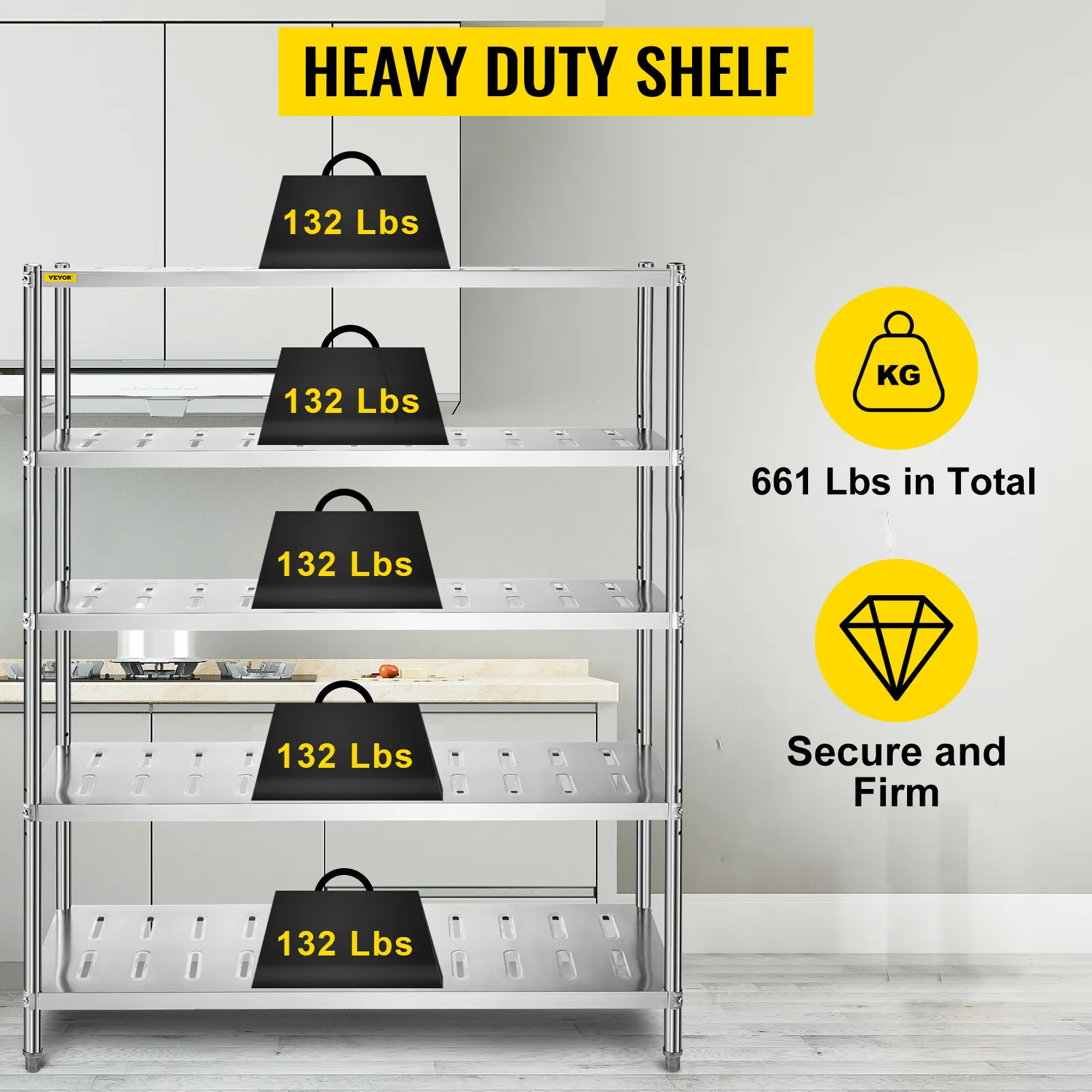 Das VEVOR-Lagerregal hält 132 lbs pro Ebene, insgesamt 661 lbs, sicher und stabil.