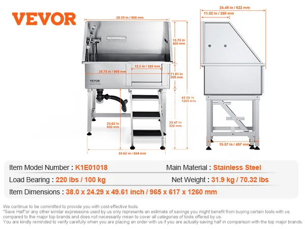 VEVOR dog grooming tub with stainless steel construction, dimensions, and listed accessories.