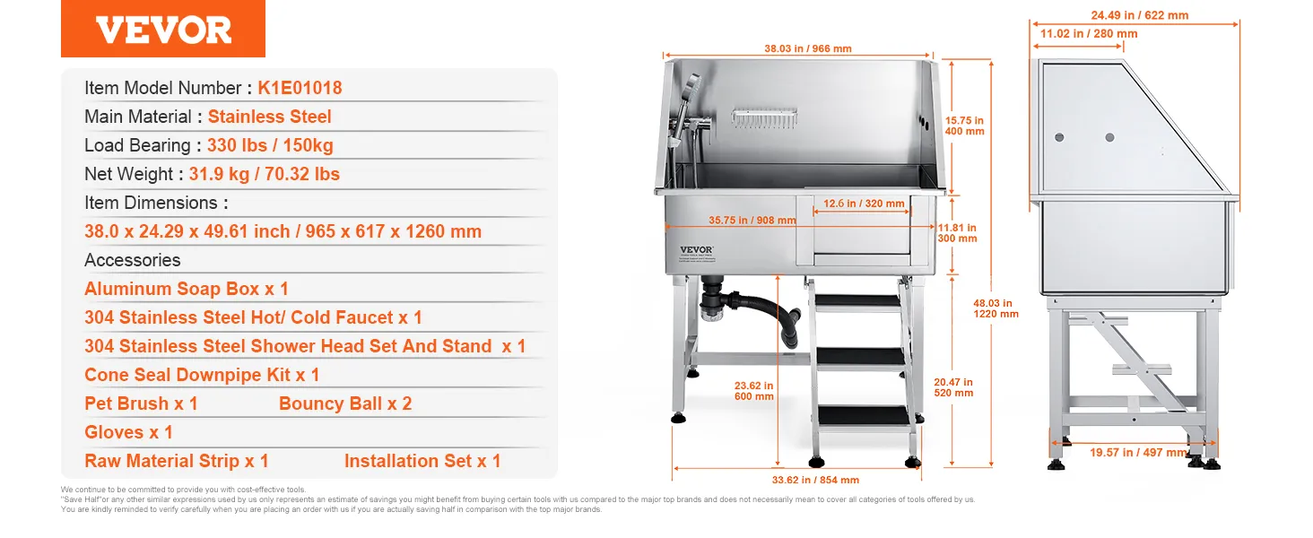 VEVOR dog grooming tub with stainless steel construction, dimensions, and listed accessories.