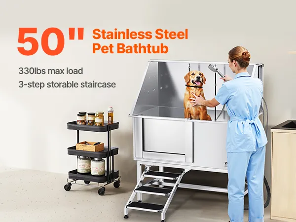 50 Inch Dog Grooming Bath Tub Stainless Steel w Stairs Water Filter Left