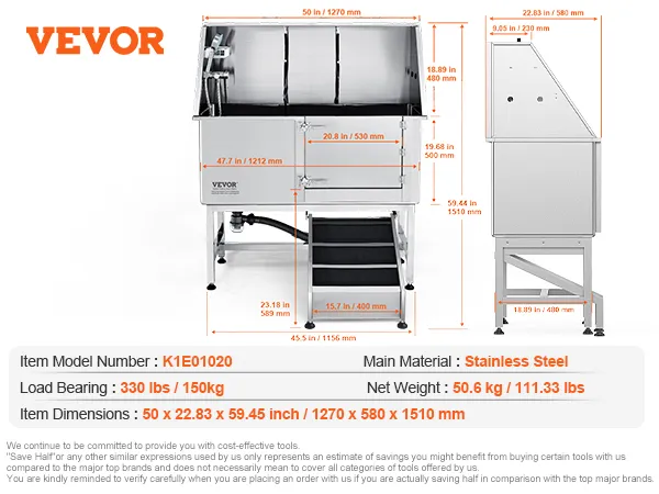VEVOR dog grooming tub dimensions, weight, and accessories details, made of stainless steel.