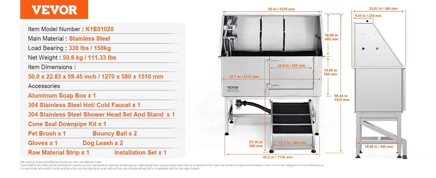 VEVOR dog grooming tub dimensions, weight, and accessories details, made of stainless steel.